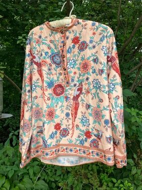 Vintage Peach Floral & Bird Hooded Blouse